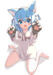  1girl animal_ear_fluff animal_ears animal_hands aoi_tori bangs barefoot blue_eyes blue_hair blush commentary drawstring fake_animal_ears fang female_child flat_chest full_body gloves hands_up highres hood hoodie legs long_sleeves looking_at_viewer on_floor open_mouth original paw_gloves short_hair sidelocks sitting skin_fang solo thighs wariza white_background white_hoodie wolf_ears 