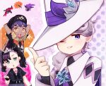  1girl 2boys :d arm_behind_head bangs bede_(champion)_(pokemon) bede_(pokemon) black_headwear blush chibi commentary_request galarian_articuno galarian_moltres galarian_zapdos grey_hair hand_up hat hat_ribbon highres hop_(champion)_(pokemon) hop_(pokemon) index_finger_raised marnie_(champion)_(pokemon) marnie_(pokemon) multiple_boys official_alternate_costume one_eye_closed open_mouth parted_lips pokemon pokemon_(game) pokemon_masters_ex purple_hair purple_ribbon ribbon shira_mizu short_hair short_sleeves smile sparkle star_(symbol) violet_eyes white_headwear wizard_hat yellow_eyes 