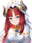  1girl :o bangs blue_eyes blue_gemstone breasts crop_top detached_sleeves fake_horns gem genshin_impact gold_trim harem_outfit highres horns light_blush long_hair long_sleeves looking_at_viewer nilou_(genshin_impact) open_mouth parted_bangs pudding_cream redhead sidelocks simple_background small_breasts solo upper_body veil white_background white_headwear white_sleeves 