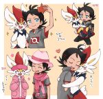  1boy :&lt; :d antenna_hair arm_up backpack bag black_hair blue_eyes bright_pupils brown_background brown_bag buck_teeth carrying character_name cinderace closed_eyes closed_mouth clothed_pokemon commentary_request cropped_legs cropped_torso flower_(symbol) goh_(pokemon) grey_pants grey_shirt hands_up headband heart highres holding holding_phone hug jacket legs_apart long_sleeves multiple_views open_clothes open_jacket outside_border pants phone pink_headband pink_jacket pink_scarf pokemon pokesumomo princess_carry red_eyes rotom rotom_phone scarf selfie shirt short_sleeves simple_background smile sparkle teeth translation_request white_pupils 