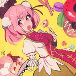  1girl bandaged_arm bandages bun_cover cake commentary_request cuffs dated doughnut flower food food_on_face fork green_skirt holding holding_fork ibaraki_kasen maaru_(akira428) macaron one-hour_drawing_challenge open_mouth pink_eyes pink_flower pink_hair pink_rose puffy_short_sleeves puffy_sleeves rose shirt short_hair short_sleeves signature simple_background skirt solo strawberry_shortcake tabard touhou white_shirt yellow_background 