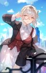 1girl :o absurdres adjusting_hair ahoge blue_sky breasts buttons clouds counter:side edel_meitner hair_ornament hand_on_own_knee highres long_sleeves monocle outdoors shotgunman skirt sky solo spring_(season) yellow_eyes 