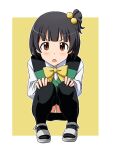  1girl bangs black_hair black_skirt black_thighhighs blush border bow bowtie brown_eyes check_commentary commentary_request cosplay female_child green_vest hair_bobbles hair_ornament hands_on_own_knees idolmaster idolmaster_million_live! legs lielos long_sleeves looking_at_viewer nakatani_iku open_mouth otonashi_kotori otonashi_kotori_(cosplay) panties panty_peek sandals shirt short_hair side_ponytail skirt solo squatting thigh-highs thighs underwear v-shaped_eyebrows vest white_border white_footwear white_panties white_shirt yellow_background yellow_bow yellow_bowtie 
