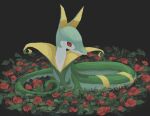  animal_focus black_background flower highres leaf looking_down nashimochi_4 no_humans pokemon pokemon_(creature) red_eyes red_flower serperior snake solo 