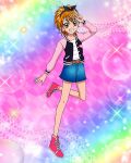 1girl artist_request brown_eyes brown_hair casual commentary denim denim_skirt english_commentary eyelashes futari_wa_precure gradient_background hairband happy highres jacket looking_at_viewer misumi_nagisa official_art pink_footwear pink_jacket precure precure_connection_puzzlun shoes short_hair skirt smile solo standing third-party_source