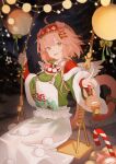  1girl :d absurdres ahoge animal_ears apron arknights bangs bell blurry blurry_background bow braid brown_eyes candy candy_cane cat_ears cat_girl cat_tail feet_out_of_frame food goldenglow_(arknights) goldenglow_(night_loving_servant)_(arknights) green_bow green_sweater hair_bow hair_rings hairband highres index_finger_raised jingle_bell long_hair long_sleeves looking_at_viewer night official_alternate_costume open_mouth outdoors pingdiguo pink_hair pom_pom_(clothes) red_hairband sitting smile snow solo sweater swing tail tail_bow tail_ornament white_apron winter 