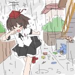  artist_request bangs black_hair black_skirt blush closed_eyes clouds cloudy_sky crying lowres non-web_source rain red_footwear red_headwear running shameimaru_aya short_hair skirt sky source_request tengu touhou 