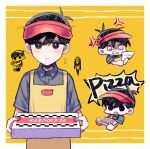  2boys anger_vein angry antenna_hair apron bangs black_eyes black_hair blush border bright_pupils buttons clenched_teeth closed_mouth collared_shirt commentary_request flying_sweatdrops food grey_shirt hair_between_eyes hat highres holding holding_food holding_pizza looking_at_viewer male_focus multiple_boys omori omori_(omori) open_mouth outside_border paper pizza pizza_box pizza_slice red_headwear shirt short_hair short_sleeves simple_background solo_focus something_(omori) speech_bubble sunny_(omori) sweatdrop teeth upper_body v-shaped_eyebrows visor_cap wavy_mouth white_border white_pupils wing_collar yellow_apron yellow_background yutsu 