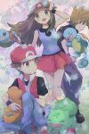  1girl 2boys 343rone absurdres baseball_cap black_shirt blue_eyes blue_oak blue_shirt brown_eyes brown_hair bubble bulbasaur charmander closed_eyes closed_mouth floating_hair hand_up hat highres holding holding_clothes holding_hat holding_pokemon jumping leaf_(pokemon) long_hair looking_at_another multiple_boys open_mouth orange_hair pants pigeon-toed pokemon pokemon_(creature) pokemon_(game) pokemon_frlg red_(pokemon) red_eyes red_skirt shirt shoes short_hair short_sleeves skirt sleeveless sleeveless_shirt spiky_hair squirt_bottle_(pokemon) squirtle sweatdrop wristband 