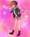  1girl :d artist_request boots casual commentary english_commentary eyelashes futari_wa_precure happy highres looking_at_viewer misumi_nagisa official_art open_mouth orange_eyes orange_hair pink_background pink_shorts precure precure_connection_puzzlun short_hair shorts smile solo standing third-party_source waving 