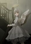  1girl angel angel_wings commentary_request dress english_text expressionless feet_out_of_frame halo highres light_particles long_hair long_sleeves looking_at_viewer original puffy_long_sleeves puffy_sleeves sh_(sh1030f) solo stairs white_dress white_hair wings yellow_eyes 