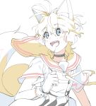  1boy animal_ears bangs banri_0917 blonde_hair blue_eyes blush choker commentary_request fox_boy fox_ears fox_tail gloves highres humanization korean_commentary male_focus open_mouth sailor_collar short_hair short_sleeves simple_background smile solo sonic_(series) tail tails_(sonic) upper_body white_background white_gloves 