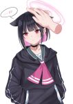  ... 1girl animal_ears bangs black_choker black_hair blue_archive blunt_bangs cat_ears choker colored_inner_hair commentary_request disembodied_limb ears_down extra_ears hands_in_pockets headpat highres kazusa_(blue_archive) long_sleeves looking_away looking_to_the_side misakingu multicolored_hair pink_hair red_eyes short_hair simple_background solo_focus spoken_blush spoken_ellipsis two-tone_hair white_background 