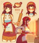  1girl absurdres artist_name baking bread breasts brick_oven brioche brown_hair english_text food gaziter head_scarf highres humanization long_hair multiple_views original oven personification red_skirt rolling_pin sideboob skirt solo tagme twitter_username 