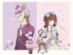  1boy 1girl alice_(alice_in_wonderland) alice_(alice_in_wonderland)_(cosplay) alice_in_wonderland animal_ears blue_dress border brown_hair cellphone chibi collar_x_malice cosplay dormouse_(alice_in_wonderland) dormouse_(alice_in_wonderland)_(cosplay) dress eye_mask hair_ribbon hetero highres holding holding_phone hoshino_ichika_(collar_x_malice) jacket long_hair long_sleeves mouse_boy mouse_ears okazaki_kei phone pink_background purple_background purple_jacket ribbon short_hair string string_of_fate translation_request w047 white_border 