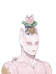  commentary_request diamond_wa_kudakenai frown jojo_no_kimyou_na_bouken killer_queen korean_commentary mm_jjba no_humans on_head pink_eyes portrait signature stray_cat_(jojo) vase 