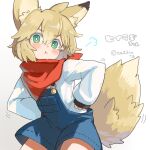  1girl :t animal_ears bandana bangs blonde_hair blush commentary_request fox_ears fox_girl fox_tail gradient_background green_eyes grey_background hair_between_eyes hands_on_hips highres leaning_forward long_sleeves looking_at_viewer original overall_shorts overalls pout puffy_long_sleeves puffy_sleeves shirt short_eyebrows sleeves_past_wrists solo tail thick_eyebrows translation_request twitter_username umino_hotate white_background white_shirt 