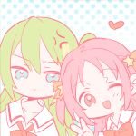  2girls :d alina_gray bangs blue_eyes blush bow bowtie green_hair hair_between_eyes hair_ornament hair_ribbon heart kimino_tomonari looking_at_viewer magia_record:_mahou_shoujo_madoka_magica_gaiden mahou_shoujo_madoka_magica misono_karin multicolored_hair multiple_girls one_eye_closed open_mouth orange_ribbon parted_bangs pink_hair polka_dot red_bow red_bowtie ribbon sakae_general_school_uniform school_uniform shirt sidelocks smile star_(symbol) star_hair_ornament streaked_hair two_side_up upper_body v white_shirt wing_collar 