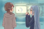  +_+ 2girls bangs blue_jacket brown_hair brown_jacket cellphone closed_eyes furukawa_wanosuke grey_hair hair_between_eyes jacket light_blush lizard long_hair mochizuki_honami multiple_girls phone project_sekai side_ponytail smartphone taking_picture track_jacket very_long_hair wavy_hair window yoisaki_kanade 