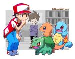  2boys anniversary blue_oak blue_pants brown_hair bulbasaur charmander chibi closed_mouth commentary_request crossed_arms hand_on_own_chin hat jacket koromochi_(26_corom) male_focus multiple_boys open_clothes open_jacket outline pants pokemon pokemon_(creature) pokemon_(game) pokemon_rgby purple_shirt red_(pokemon) shirt shoes short_hair spiky_hair squatting squirtle starter_pokemon_trio stroking_own_chin thinking white_footwear 