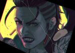  1girl apex_legends black_border black_gloves black_hair border brown_eyes clenched_teeth cracked_glass daichi_midori earrings fingerless_gloves gloves hair_slicked_back jewelry looking_at_viewer mad_maggie_(apex_legends) portrait purple_lips solo teeth yellow_background 