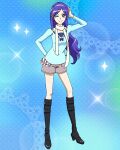  1girl aono_miki artist_request black_footwear blue_background boots casual commentary english_commentary eyelashes fresh_precure! hairband happy highres knee_boots kneehighs long_hair looking_at_viewer official_art one_eye_closed precure precure_connection_puzzlun purple_hair scarf shorts smile socks solo standing third-party_source violet_eyes 