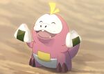  absurdres alternate_color closed_eyes commentary_request emoemon food food_on_face fuecoco hands_up happy highres no_humans onigiri outdoors pokemon pokemon_(creature) pokemon_(game) pokemon_sv shiny_pokemon standing teeth 