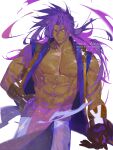 1boy bare_pectorals bare_shoulders bhima_(fate) dark-skinned_male dark_skin fate/grand_order fate_(series) floating_hair gauntlets highres indian_clothes large_pectorals long_hair male_focus muscular muscular_male pectorals pelvic_curtain purple_hair purple_vest semi_(p-poco) simple_background smile solo very_long_hair vest violet_eyes 