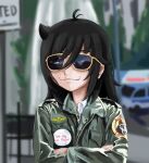  1girl badge black_hair button_badge cosplay green_jacket hair_between_eyes jacket kuroki_tomoko kurokimoko movie_reference outdoors smile solo sunglasses taxi_driver travis_bickle travis_bickle_(cosplay) watashi_ga_motenai_no_wa_dou_kangaetemo_omaera_ga_warui! 