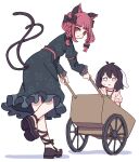  2girls :3 absurdres animal_ears black_bow black_dress black_footwear black_hair blush_stickers bow braid carrot_necklace cat_ears cat_tail closed_mouth dress frilled_dress frills hair_bow highres inaba_tewi jewelry kaenbyou_rin kame_(kamepan44231) long_hair long_sleeves multiple_girls multiple_tails necklace one-hour_drawing_challenge pink_dress rabbit_ears red_eyes redhead shoes short_hair short_sleeves simple_background smile tail touhou twin_braids two_tails wheelbarrow white_background 