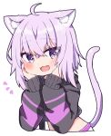  1girl :d ahoge animal_ear_fluff animal_ears bangs black_hoodie blush cat_ears cat_girl cat_tail chibi cropped_hoodie crossed_bangs fang hair_between_eyes hands_on_own_cheeks hands_on_own_face hololive hood hoodie looking_at_viewer nekomata_okayu notice_lines open_mouth purple_hair rabiiandrain short_hair simple_background smile solo tail violet_eyes virtual_youtuber white_background 