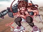  1girl artist_logo black_pantyhose commentary_request dated fang hood hooded_sweater kantai_collection kuma_(kancolle) kutone_shirika machinery official_alternate_costume open_mouth pantyhose pink_sweater rocket_launcher shoes shorts smile sneakers solo sweater weapon white_footwear white_shorts 
