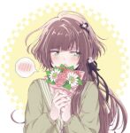  1girl black_ribbon blush bouquet brown_hair collar_x_malice facing_viewer flower green_eyes grey_shirt hair_ribbon hiyori_(rindou66) holding holding_bouquet hoshino_ichika_(collar_x_malice) long_hair long_sleeves looking_to_the_side pink_flower ribbon shirt solo white_flower 