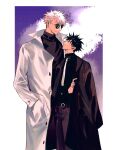  2boys bangs belt black_coat black_hair black_pants black_shirt buttons closed_mouth coat fushiguro_megumi gojou_satoru green_eyes hand_in_pocket height_difference highres jujutsu_kaisen long_coat long_sleeves looking_at_another male_focus multiple_boys necktie pants shenshan_laolin shirt short_hair smile spiky_hair sunglasses turtleneck white_coat white_hair white_necktie 