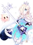  1girl alternate_costume bare_shoulders blonde_hair blue_dress brooch cowboy_shot crown detached_sleeves dress earrings hair_over_one_eye holding holding_weapon jewelry keyblade kingdom_hearts long_hair long_sleeves looking_at_viewer luma_(mario) nukoko12 off-shoulder_dress off_shoulder rosalina star_(symbol) star_earrings super_mario_bros. super_mario_galaxy weapon white_background 