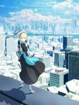  1girl black_dress blonde_hair blue_archive blue_eyes blue_sky building city cityscape clouds commentary_request day dress full_body gloves halo hat headset high_heels keika_(otsukare) long_hair long_sleeves looking_at_viewer maid_headdress mechanical_halo outdoors scenery shadow sky solo standing toki_(blue_archive) 