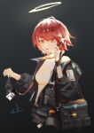  1girl 1other :o absurdres arknights bag black_background black_jacket doctor_(arknights) earpiece exusiai_(arknights) exusiai_(midnight_delivery)_(arknights) halo highres id_card jacket nian962464 official_alternate_costume orange_eyes redhead shirt short_hair sweatdrop white_shirt 