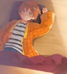  1girl :3 arm_up backlighting bangs blurry blurry_foreground blush casual clenched_hands depth_of_field floor grin hair_between_eyes hair_ornament hairclip hand_on_own_stomach hand_up hanten_(clothes) hoshizora_rin indoors kotatsu long_sleeves looking_at_viewer looking_to_the_side love_live! love_live!_school_idol_project loveariddle lying nose on_back on_floor open_clothes orange_hair parted_lips pillow shade shirt short_hair smile solo striped striped_shirt sunlight table under_kotatsu under_table unkempt upper_body white_shirt wide_sleeves wooden_floor yellow_eyes 