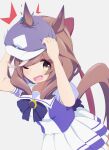  1girl animal_ears bow brown_hair cabbie_hat ear_piercing ears_through_headwear hair_bow hair_ornament hairclip hakusai_o_m_t hat horse_ears horse_girl horse_tail long_hair looking_at_viewer matikane_tannhauser_(umamusume) multicolored_hair one-hour_drawing_challenge open_mouth piercing pleated_skirt puffy_short_sleeves puffy_sleeves school_uniform short_sleeves simple_background skirt solo streaked_hair summer_uniform tail tracen_school_uniform umamusume white_background white_hair white_skirt yellow_eyes 