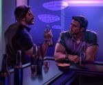  2boys absurdres alcohol bar_(place) beard black_hair black_shirt bottle call_of_duty call_of_duty:_modern_warfare_2 captain_price cup drinking_glass english_text facial_hair hat highres holding holding_bottle jewelry looking_at_another male_focus multiple_boys muscular muscular_male necklace nikolai_(modern_warfare) sasha_shkret shirt short_hair watch watch 