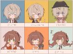  1boy 1girl blush brown_hair chibi closed_eyes closed_mouth collar_x_malice emoticon expressionless facing_viewer green_eyes grey_hair highres hoshino_ichika_(collar_x_malice) long_hair looking_at_viewer okazaki_kei one_eye_closed open_mouth short_hair violet_eyes w047 white_hair 