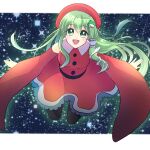  1girl bangs christmas commentary_request dress frog_hair_ornament green_eyes green_hair hair_ornament hat kochiya_sanae long_hair looking_at_viewer open_mouth red_dress red_headwear red_skirt skirt snake_hair_ornament touhou user_rtxp2877 