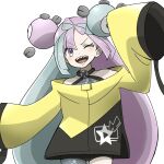 1girl ;d bangs black_shorts character_hair_ornament commentary_request eyelashes green_hair grey_shirt hair_ornament highres iono_(pokemon) jacket long_hair multicolored_hair one_eye_closed open_mouth pokemon pokemon_(game) pokemon_sv purple_hair ror_(meisakutaro) sharp_teeth shirt shorts sleeveless sleeveless_shirt sleeves_past_fingers sleeves_past_wrists smile solo star_(symbol) star_print teeth tongue twintails two-tone_hair white_background yellow_jacket