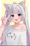  &gt;:) 1girl :d animal_ear_fluff animal_ears antenna_hair bangs blue_eyes blunt_bangs blush breasts cat_ears cat_girl collarbone commentary_request fang fingernails hand_up long_hair looking_at_viewer off_shoulder open_mouth original shirt sidelocks signature simple_background small_breasts smile solo tananuki upper_body v v-shaped_eyebrows white_hair white_shirt yellow_background 