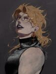  1boy birthmark black_lips blonde_hair cross cross_earrings dio_brando earrings from_side jewelry jojo_no_kimyou_na_bouken large_pectorals long_hair looking_at_viewer male_focus mm_jjba muscular muscular_male open_mouth pectorals red_eyes signature solo stardust_crusaders teeth 