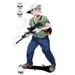  1boy animification ar-15 backwards_hat baseball_cap black_bag blue_eyes blue_pants boots caucasian collarbone commentary cross-laced_footwear dated firstamericanmanga full_body gloves green_shirt grey_footwear gun hat holding holding_gun holding_weapon kyle_rittenhouse light_brown_hair looking_ahead male_focus nervous optical_sight orange_bag pants parted_lips real_life rifle shadow shell_casing shirt short_hair short_sleeves simple_background skull smoke solo standing sweat t-shirt two-tone_bag weapon white_background white_gloves white_headwear 