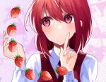  1girl blush collared_shirt food fruit katayama_kei long_sleeves medium_hair necktie okazaki_yumemi pointing red_eyes red_necktie red_vest redhead shirt solo strawberry touhou touhou_(pc-98) upper_body vest white_shirt 