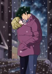  1boy 1girl absurdres black_pants blonde_hair couple cowboy_bebop green_hair hetero highres jacket julia_(cowboy_bebop) lipstick makeup nekro-comix pants red_jacket snow spike_spiegel 