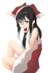  1girl absurdres bangs black_hair bow closed_mouth commentary_request cookie_(touhou) detached_sleeves dress expressionless eyes_visible_through_hair feet_out_of_frame frilled_bow frilled_tube_top frills gradient_hair grey_hair hair_between_eyes hair_bow hakurei_reimu highres long_hair looking_at_viewer multicolored_hair red_bow red_dress simple_background sleeveless sleeveless_dress solo touhou white_background white_sleeves whiterolo yellow_eyes yuyusu_(cookie) 