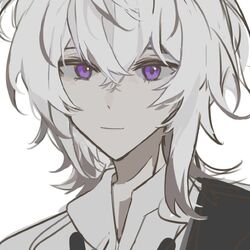  1boy black_necktie closed_mouth collar_x_malice collared_shirt grey_hair looking_at_viewer male_focus multicolored_hair necktie okazaki_kei shirt short_hair sketch smile solo violet_eyes w047 white_background white_hair white_shirt 